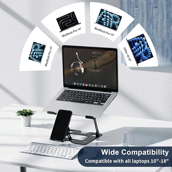 Alloy Steel Laptop Stand, Ergonomic 2-in-1 Laptop & Phone Stand, Adjustable & Portable Laptop Stand for Desk, Computer Stand, Compatible with MacBook Pro/Air and More 10-18" Laptops - Black