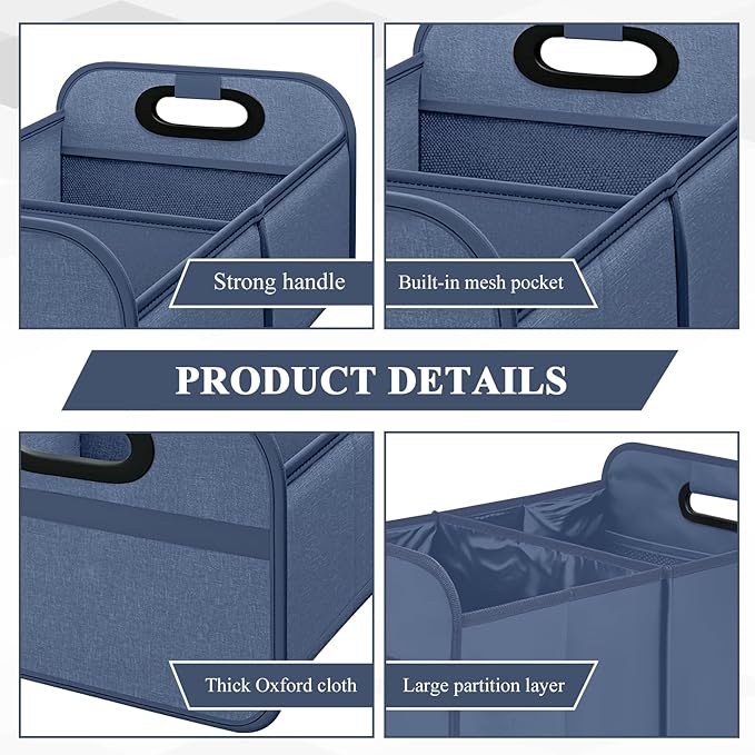Car Trunk Organizer, Foldable Car Trunk Storage Box with 2 Compartments & Mesh Pocket, Large Capacity, Portable with Handle, Collapsible Backseat Storage Organizer for SUV Truck Sedan (Blue)