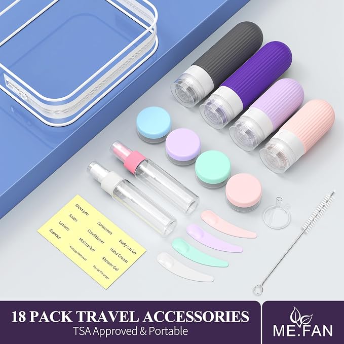 ME.FAN Travel Bottles for Toiletries,18 Pack Silicone Portable Size Bottle, TSA Approved Refillable Cosmetic Container Kits for Conditioner, Shampoo, Lotion,Face Cream - Purple