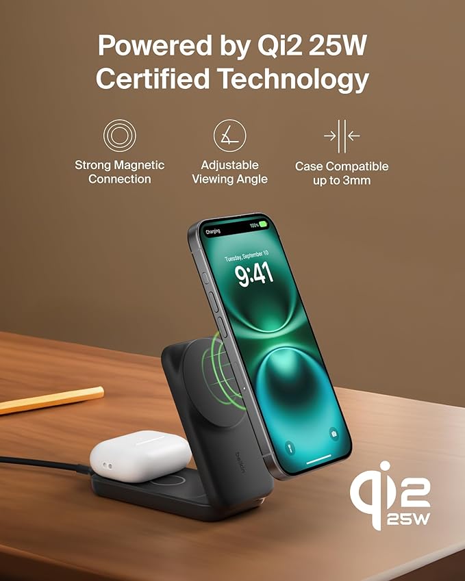 Belkin MagSafe Charger, Compatible 2-in-1 Charging Station, Qi2.2 25W Magnetic Wireless Charger iPhone, Foldable Stand, with 5W USB-C Port, for iPhone 17/16/15, Pixel 10, AirPods, 45W Adapter Included