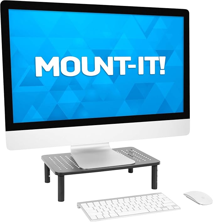 Mount-It! Height Adjustable Single Monitor Riser | Metal Mesh Computer Screen Platform | Desktop Riser for Laptop, Monitor, and Printer | 44lbs Capacity (Black)