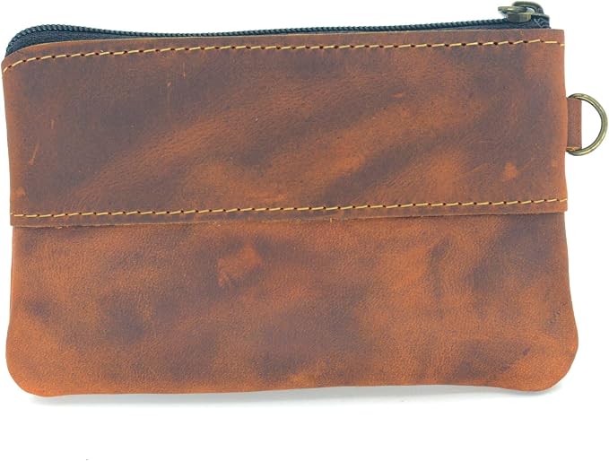 JJNUSA Genuine Leather Zipper Coin Purse for Men, Credit Card Case Holder, Mens Tray Purses Coin Purse Cash Change Wallet Car Smart Holder Money Pouch Brown