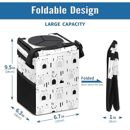Car Trash Can Cute Bear Panda Cat Wate-rproof Auto Garbage Bag Car Trash Can with Lid Leak-Proof Car Storage Bag Hanging for Headrest Collapsible and Portable with Storage Mesh Pocket