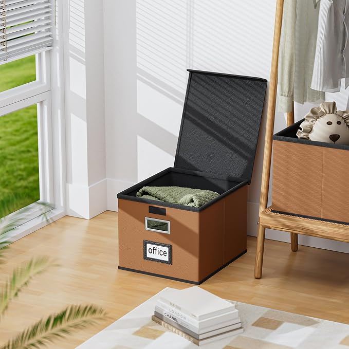 Faux Leather File Organizer Box with Lid, Collapsible Hanging File Folder Box Organizer with Plastic Slides, Decorative Home/Office Filing System Boxes for File and Folder Storage