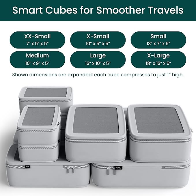 NOBL Travel Compressible Packing Cubes Set, 6 Pieces Travel Packing Organizers, Compression Luggage Cubes for Suitcases & Carry On, Space Saving (XXS, XS, S, M, L, XL) - Silver