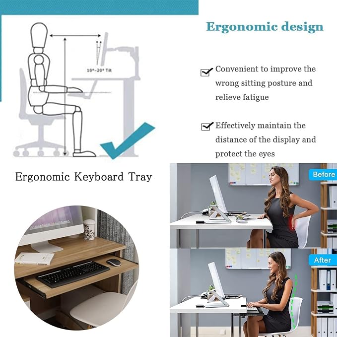 V3VOGUE Adjustable Keyboard Tray Under Desk Pull Out Keyboard Holder with Slides Rails - Smoothly Sliding - for Keyboard Mouse Drawer Platforms - Ergonomic Wooden Desk Extender