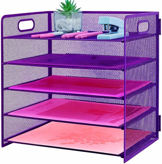 5 Tier Lettrer Tray Organizer with Handle, Metal Mesh Desk File Organizer with Sliding Trays, Paper Sorter Desk for Home Office School, Purple