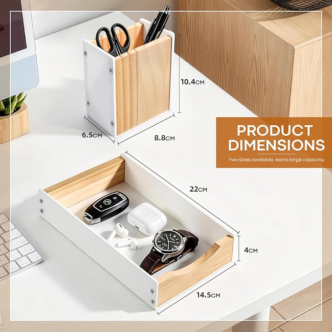 Desk Tray with Pen Holder Set, Acrylic & Wooden Desktop Organizer Multifunctional Home Office Workspace Accessories for Watch, Pens, Keys (White)