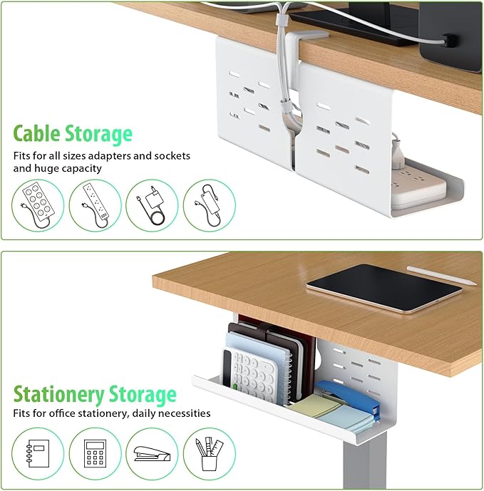 KEEGH 16" Under Desk Cable Management Tray, 2 Pack Desk Cord Organizer Upgrade Capacity, No Drill Clamp/Screws Mount, Cord Management Tray for Home Office, Gaming Desk, Standing Desk, White