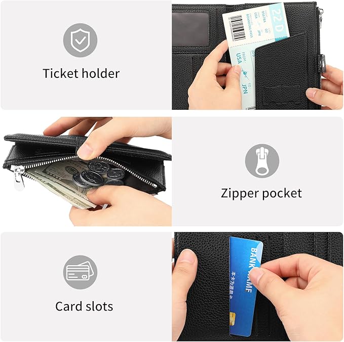 RNIEGA Passport Holder for Women Leather Passport Wallet for Travel RFID Blocking Passport Wallet Credit Card Holder with Zipper Pocket