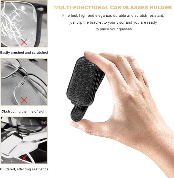 2 PCS Sunglasses Holders for Car Visor, Magnetic Leather Eyeglasses Hanger Mounter Ticket Card Clip, Auto Sun Visor Glasses Holder Business Card Organizer for Men Women (Black)