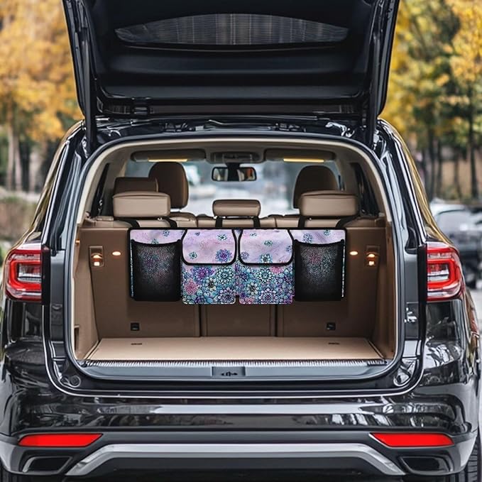 Bohemian Flower Design Car Trunk Organizer,Beach Design Backseat Trunk Organizer with 4 Pocekt,Backseat Hanging Car Storage Bag Foldable Cargo Storage Not Easy to Fade Machine Washable