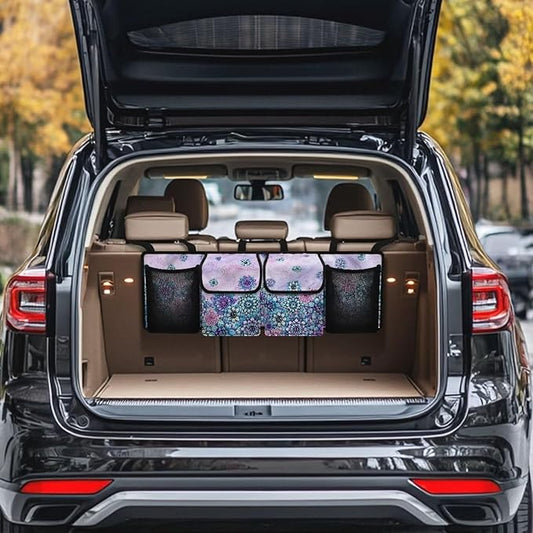 Bohemian Flower Design Car Trunk Organizer,Beach Design Backseat Trunk Organizer with 4 Pocekt,Backseat Hanging Car Storage Bag Foldable Cargo Storage Not Easy to Fade Machine Washable