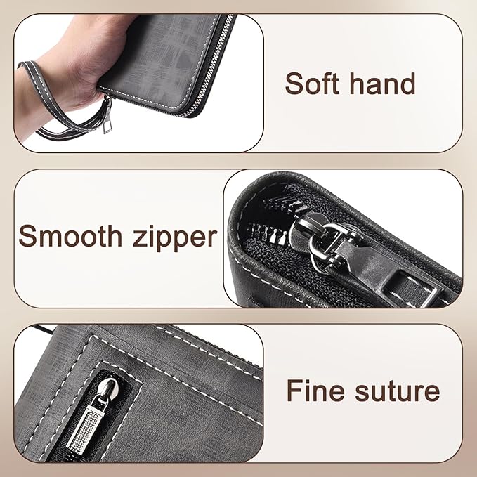 Long Wallets for Men, PU Leather Men's Wallets with Removable Wrist Strap, Multi Card Slot Mens, Zipper Wallets for Men with 8 Card Slots and Zip Coin Pocket (Grey)