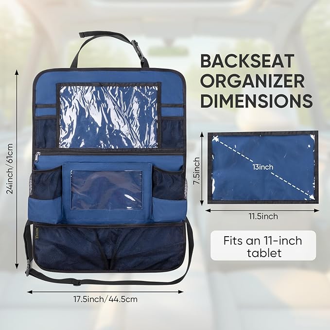 BALEINE Backseat Car Organizer, Back Seat Car Organizers and Storage, Kick Mats Back Seat Protector, Travel Accessories for Most Automotive (1 Pack, Navy)