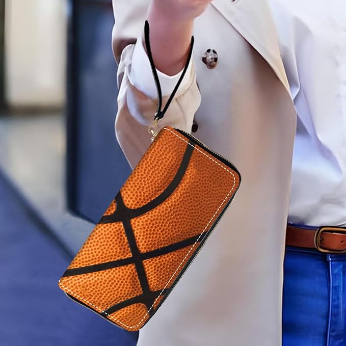 Women's Large Capacity Wallet PU Leather Zip Around Clutch Purse Multifunctional Wallet with Removable Wristlet Strap for Smart Phone/Coin/Card/Cash, Basketball Surface