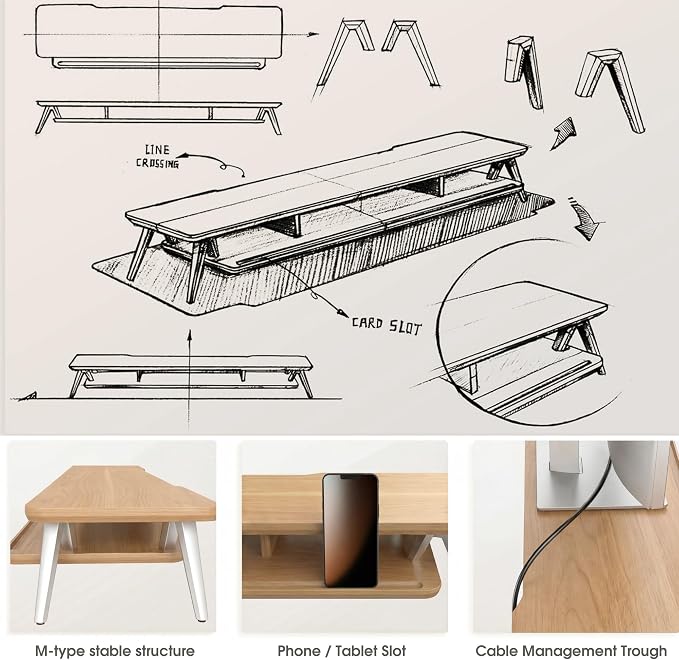 Fenge Dual Monitor Stand, Monitor Stands Riser for 2 monitors, 42.5 Inch Wood Desk Shelf with Storage Organizer and Cable Management for Office Desk Accessories