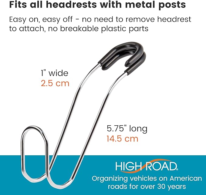 High Road Metal Car Hooks - Hard Hat Holder for Truck and Unbreakable Headrest Hooks for Car for Large Straps and Heavy Bags up to 40 lbs - Secure Attachment Loops Fit All Headrest Posts, 2-Pack