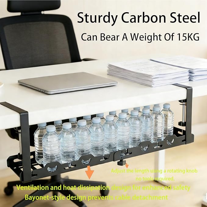 No Drill Under Desk Cable Management Tray System-Extendable15 to 30 "Heavy-Duty Metal Desk Cable Organizer with Clamp Cord Management Holder for Standing Desk & Home Office Black