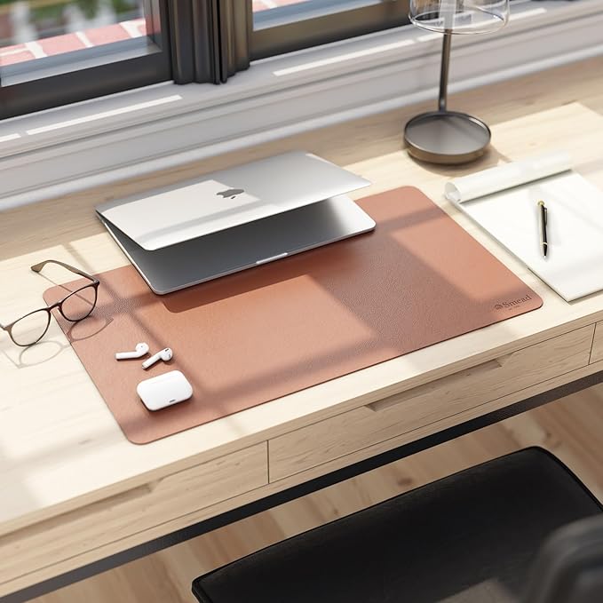 Smead Desk Pad, Vegan Leather Desk Mat with Non-Slip Faux Suede Backing, Perfect Desk Organizer for Office Decor, 23.6” x 13.7” Small, Saddle (64837)