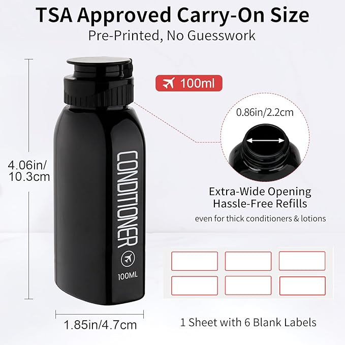 Cosywell Travel Bottles for Toiletries 10PCS 100ml/3.4oz Pre-Printed Shampoo, Conditioner & Body Wash TSA Approved 2oz Spray Bottle Leakproof 0.35oz Plastic Cream Jars Refillable Cream Lotion(Black)