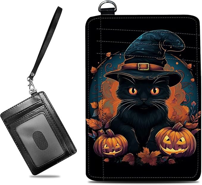 Small Travel Wallets, Black Cat Halloween Slim Minimalist Front Pocket Wallet with Wristlet, RFID Blocking PU Leather Credit Card Holder with ID Window Change Purse for Men Women