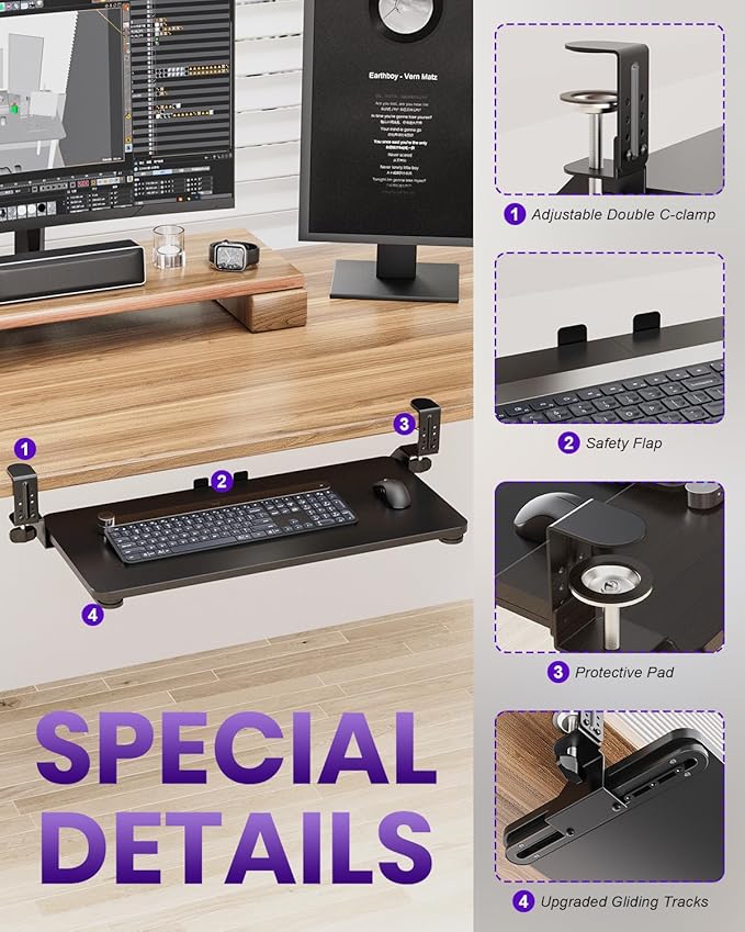 Ergonomic Mouse & Keyboard Tray Under Desk, Pull Out with Adjustable C-clamp, 20 (25.9 Including Clamps) x 11.8 Inch Slide Out Computer Keyboard Drawer Mouse Tray for Typing, Black
