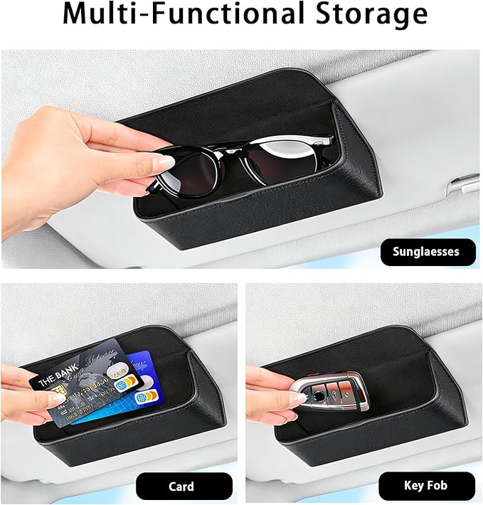 Car Sunglasses Holder, Large Capacity Universal Fit Magnetic Closure Clip-On Visor Accessories Glasses Protective Storage Box for Man Women Beige