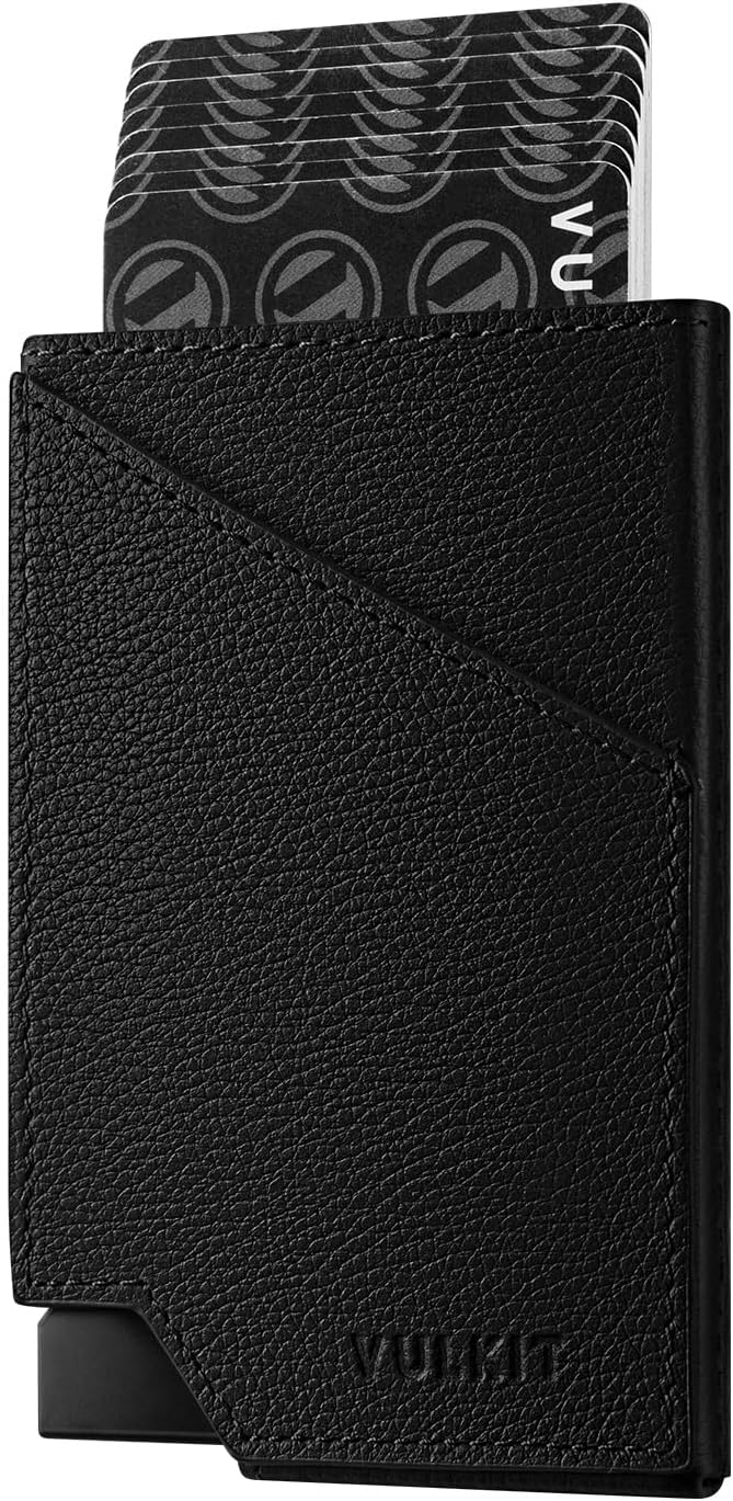 VULKIT Pop up Card Wallet Genuine Leather RFID Blocking Slim Aluminum Metal Bank Card Holder Case with Business Money Pocket for Credit Cards Notes and Coins Black