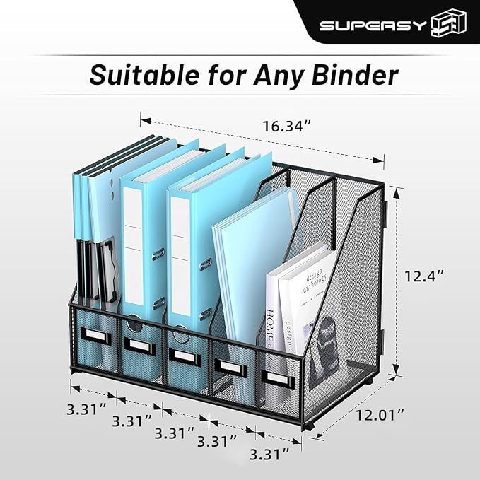 SUPEASY Desk Organizers Metal Desk Magazine File Holder with 16''x12''x12'' 5 Vertical Compartments Rack File Organizer for Office Desktop, Classroom, Home Workspace, Black Plus