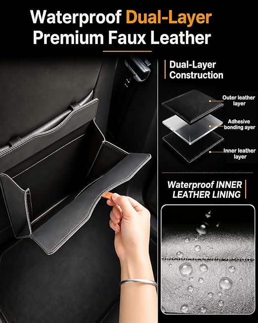 Leather Car Trash Can, Leakproof Car Garbage Can Storage Pocket, Magnetic Liner-Hold, Waterproof Faux Leather Car Trash Bin with Metal Hooks, Odor-Lock Hanging Car Trash Bin for SUV, Sedan, Truck
