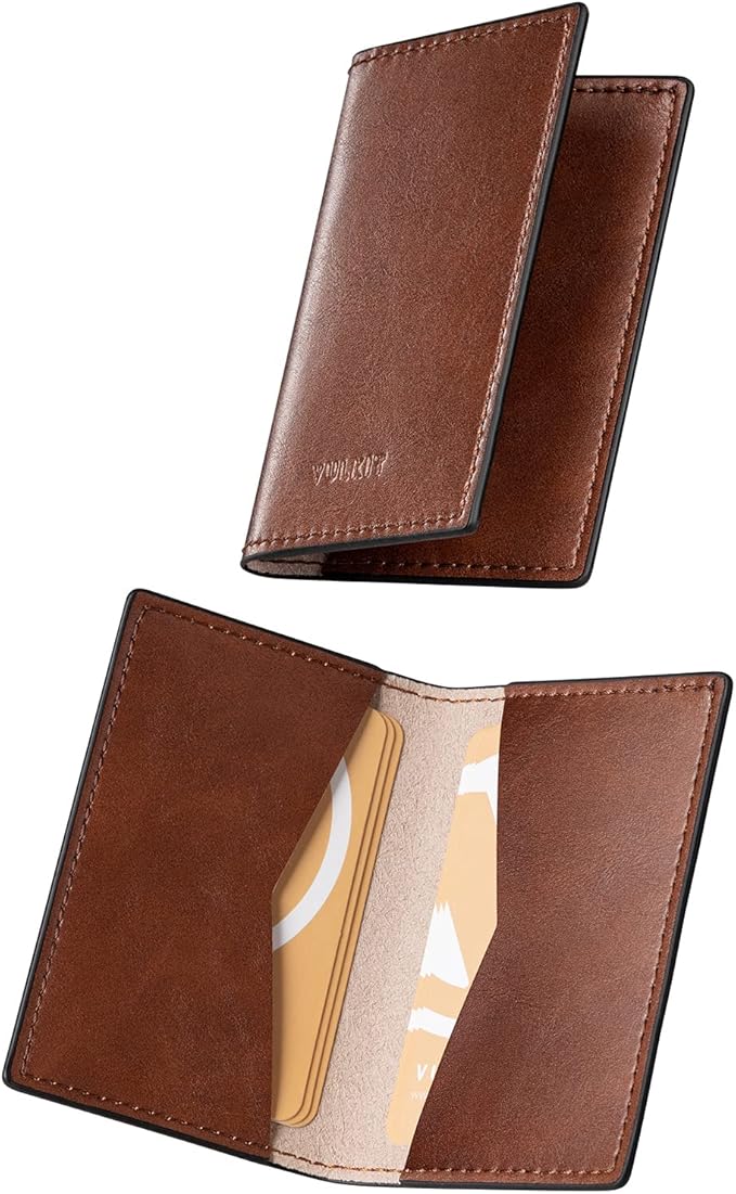 VULKIT Leather Business Card Holder 2 Sided Slim Business Name Card Organizer for Men or Women, Up to hold 20 cards (Vintage Brown)