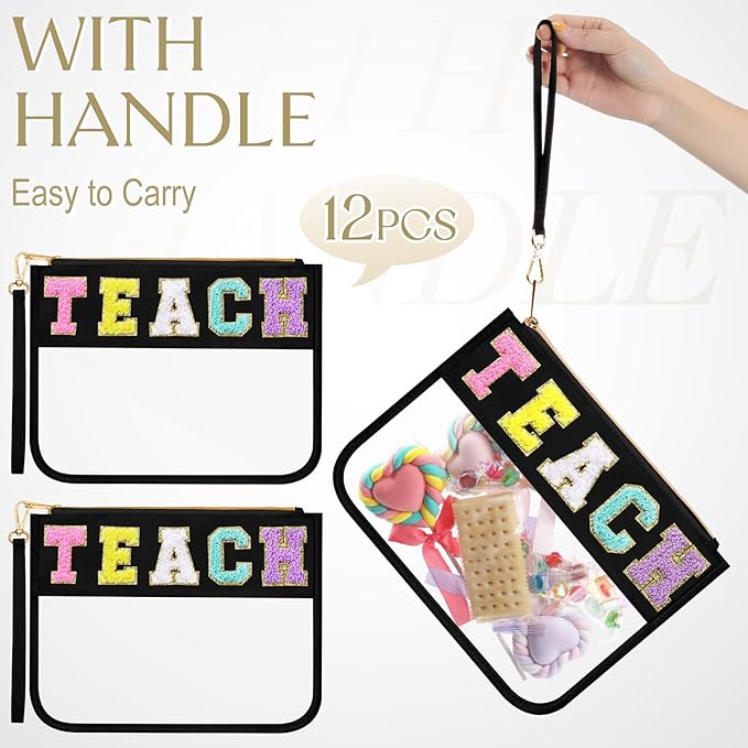 Abbylike 12 Pcs Snack Bags Chenille Letter Teach Zipper Pouch Waterproof PVC Large Bag for Travel Makeup Cosmetic Storage Organizer for Mom Team Cheerleaders Teacher (Black)