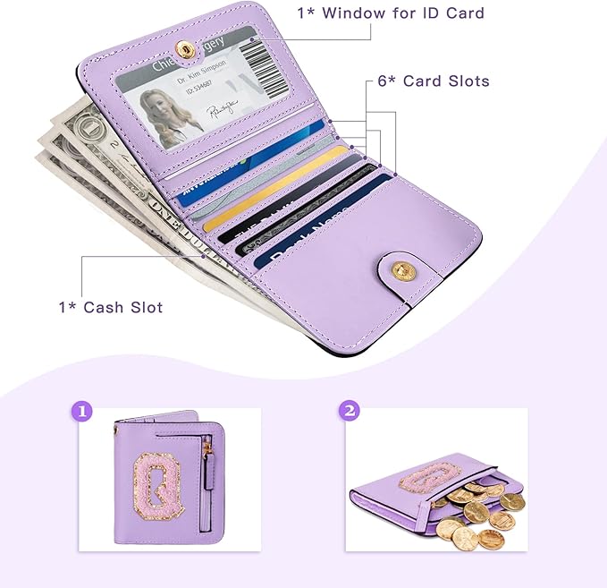 COSHAYSOO Preppy Wallet Gifts for Teen Girls Women Small Wallet RFID Bifold PU Leather Christmas Valentines Easter Mothers Fathers Day Nurse Appreciation Graduation Gifts Chenille Letter Q Purple