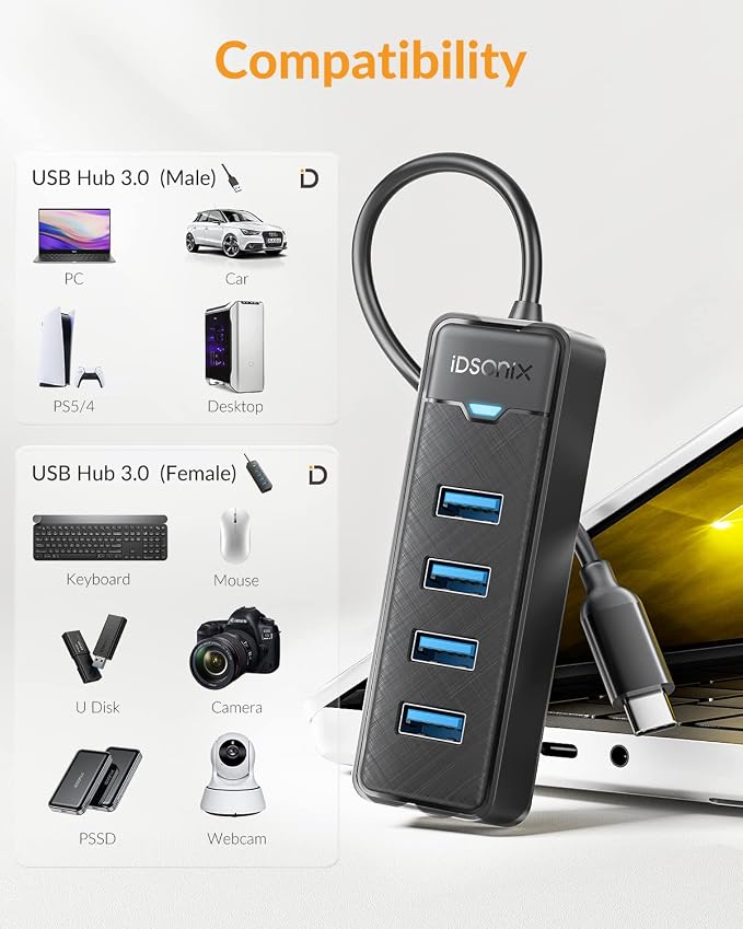 iDsonix USB C Hub, 4-Port USB C to USB Multiport Adapter, 5Gbps USB Splitter USB Hub for Laptop, USB Extender Hub for MacBook Pro/Air, iPad Pro, PC, Desktop, Xbox, Keyboards, Mouse, Flash Drive, HDD