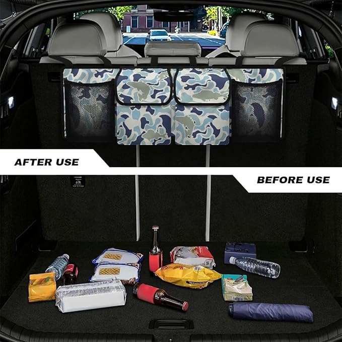 Fish Camouflage Hanging Car Organizer Waterproof Foldable Cars Interior Organizing Accessories 37" x 11.8" Large Capacity Car Organizers and Storage for Cars SUV Sedans