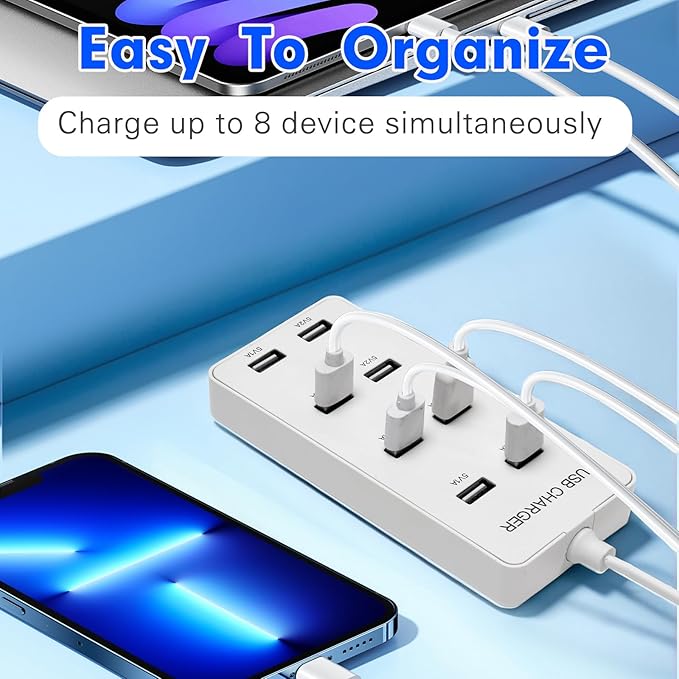 USB 8 Port Desktop Portable Charging Station, Suitable for Charging Multiple Devices simultaneously, Super Compatible with Mobile Phones, Tablets, Bluetooth Earphones, and Other USB Charging Devices