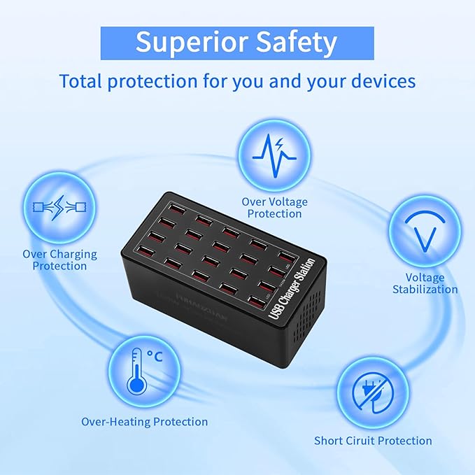 Charging Station, 100W 20-Port USB Multi Device Charger Hub with Intelligent Safety Features, Compact Power Strip for Phones, Watches, Pads, Speakers, Headphones & PS, Ideal for Home Office & Travel