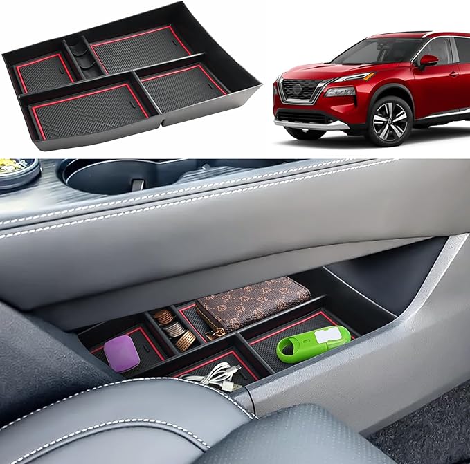 2021-2026 Rogue Center Console Organizer Lower, for Nissan Rogue (S/SV/SL/Platinum/Rock Creek/Dark Armor), Durable ABS &Anti-Slip Rubber Console Tray Insert 2026 2025 Rogue Accessories (Red)