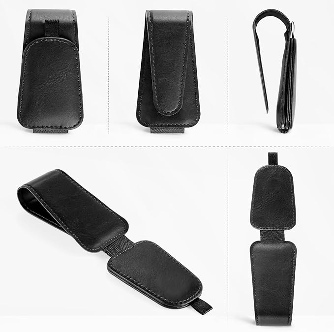 SINGARO 1 Pack Sunglass Holder for Car Visor Sunglasses Holder Clip, Universal Non-Slip Magnetic Leather Glasses Eyeglasses Hanger Mounter, Truck Interior Car Visor Accessories for Woman Man, Black