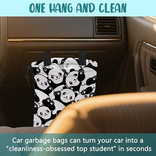 Car Garbage Bag Cute Black Panda Drawstring Car Trash Bag Hanging for Back Seat with Adjustable Buckle Canvas Vehicle Trash Can Easy-to-Install