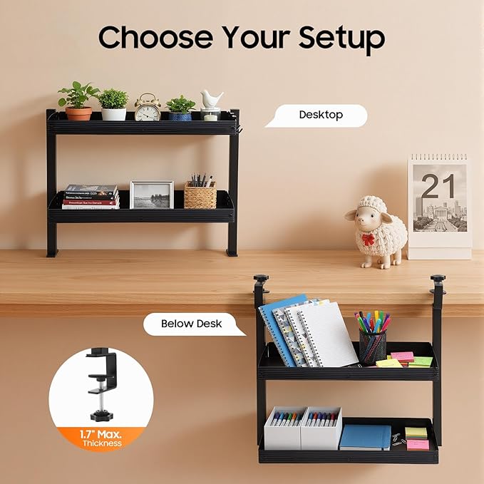 Clamp-On Desk Shelf, 2-Tier Desktop Bookshelf Desktop Supplies Storage Rack with Adjustable Storage Tray and Accessories 1.57in Heightened Guardrail for Office Study Game Room (Black)