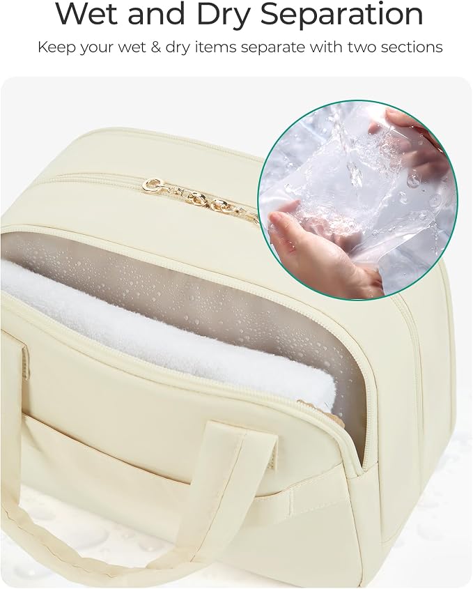 BAGSMART Travel Toiletry Bag, Large Wide-open Travel Bag for Toiletries, Puffy Makeup Cosmetic Travel Bag with Handle-Camel
