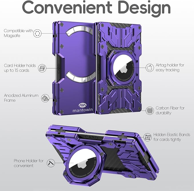 Minimalist Mens Wallet RFID Blocking - Slim Metal Wallet With Airtag Holder - Compact Credit Card Holder Mini Size, Metal, Carbon Fiber (Purple)