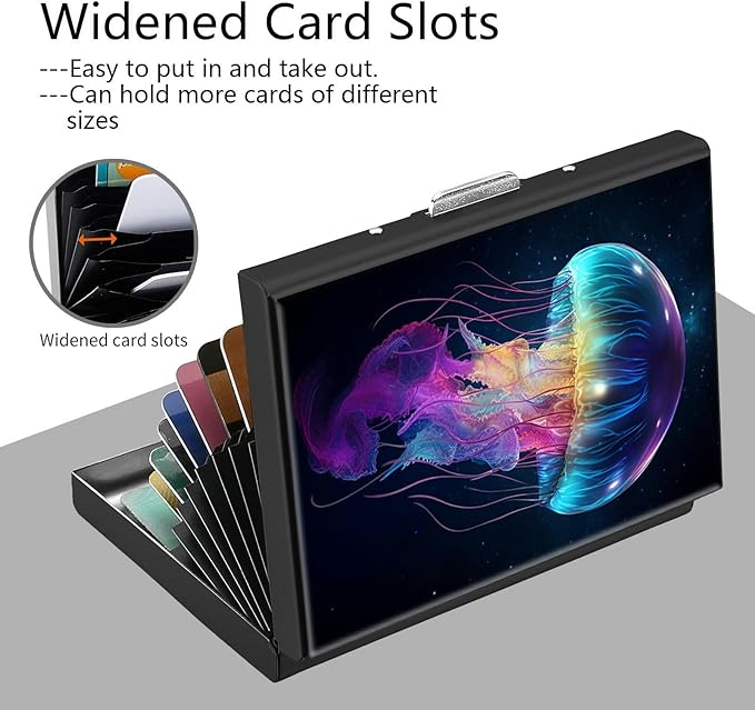 Credit Card Holder, Galaxy Jellyfish Design Mini RFID Blocking Aluminum Wallet Slim Metal Hard Case Shell Travel Wallet ID Case Small Credit Cards Case Business Cards for Women Men Girls