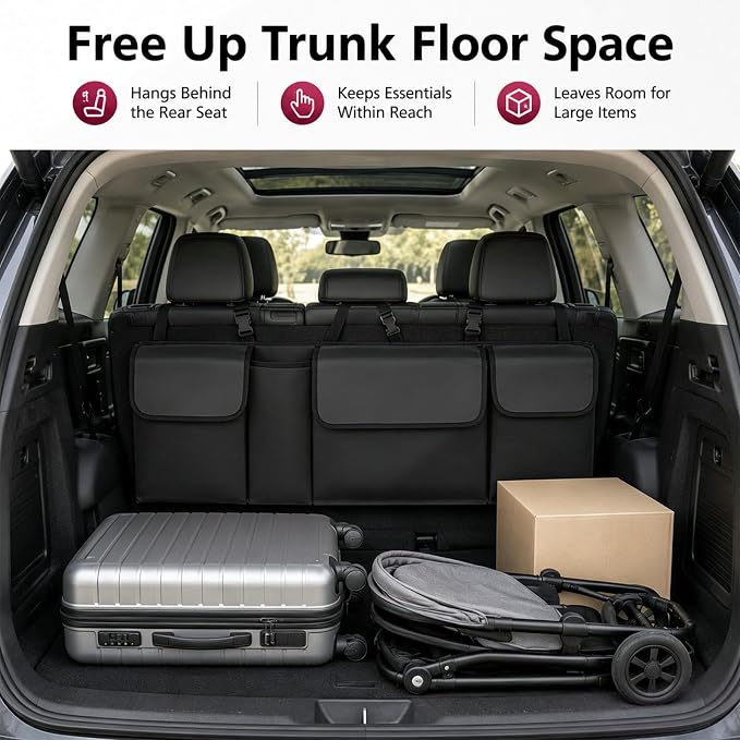 Car Trunk Organizer, Waterproof Backseat Hanging Large Storage with Adjustable Straps, Collapsible Cargo Bag with 4 Pockets, Sturdy Space Saver Frees Trunk Floor for SUV, Truck, MPV (Black)