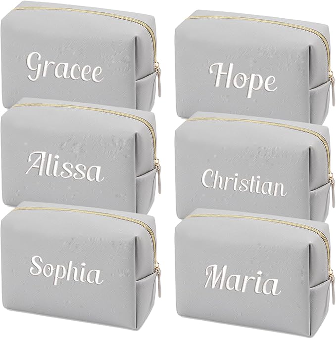 GOPHIE Cusotom Embroidery Travel Makeup Bag Organizer,Cosmetic Bags for Women,Gift For Bachelorette Party,Set of 6,Gray