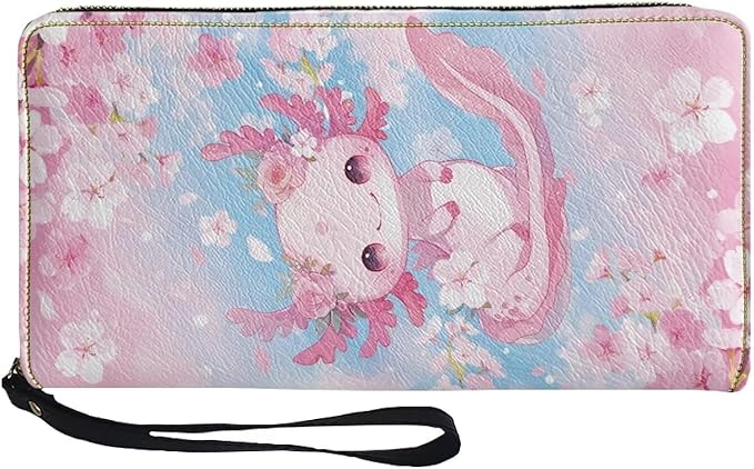 Bulopur Axolotl Wristlet Wallet for Women Cherry Blossom Clutch Purse PU Leather Zipper Credit Card Wallet Coin Cash Holder Ladies Handbags Gifts for Mom Girlfriend