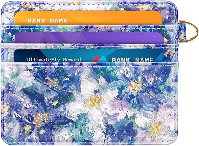 Slim Minimalist Front Pocket RFID Blocking Credit Card Holder Small Wallet Cute Card Cases for Women,Blue Flowers