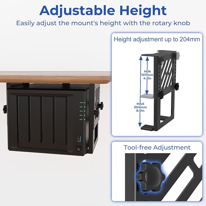 Metal Under Desk Mount for NAS Adjustable Mounting Bracket for Desktop NAS 1/2/4 Bay Network Attached Storage Under Desk Holder for NAS/Small PC/SFF Desktop Tower/CPU/UPS and More with Cable Ties